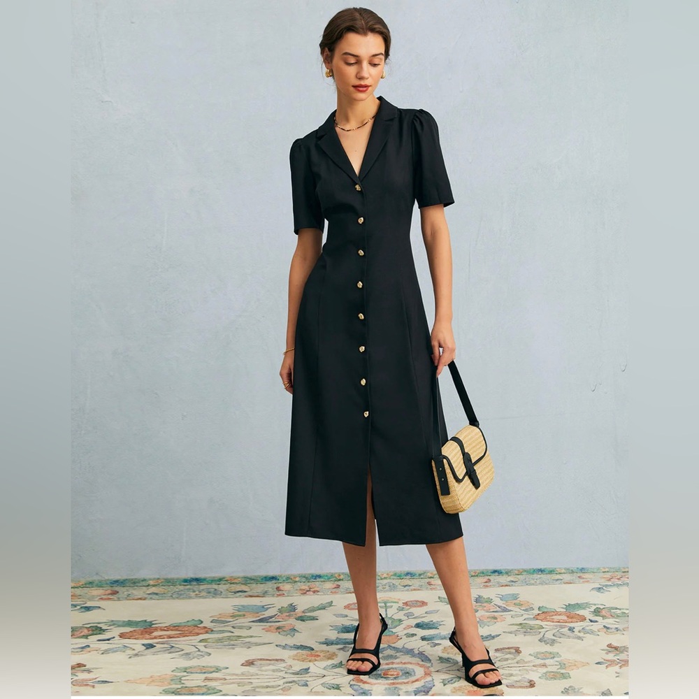 NWT RIHOAS V Neck Button Puff Sleeve Midi Dress Sz S, M.